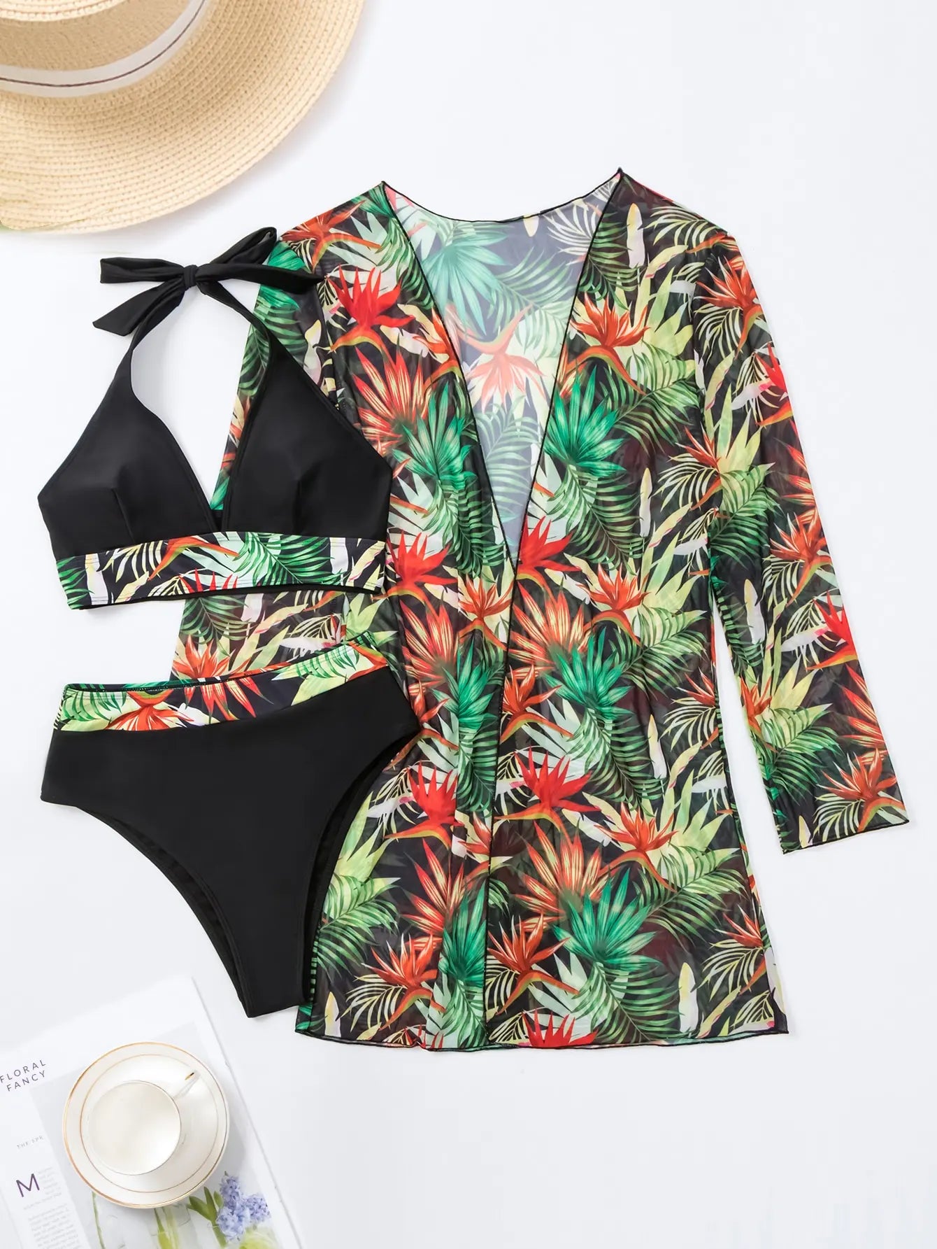 3PCS Halter Print Bikini Set with Kimono