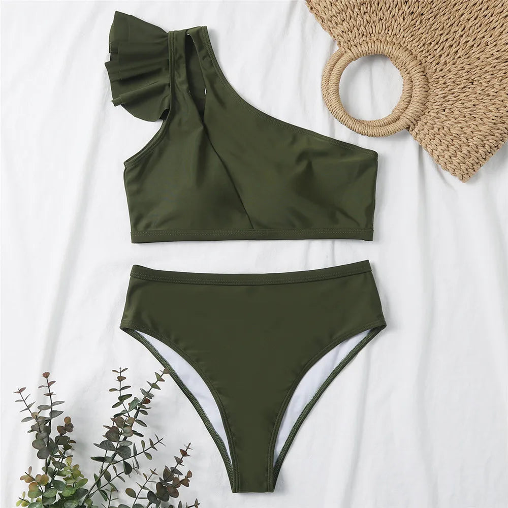 Sexy One Shoulder Ruffled Swimwear High Waist Bikini Set