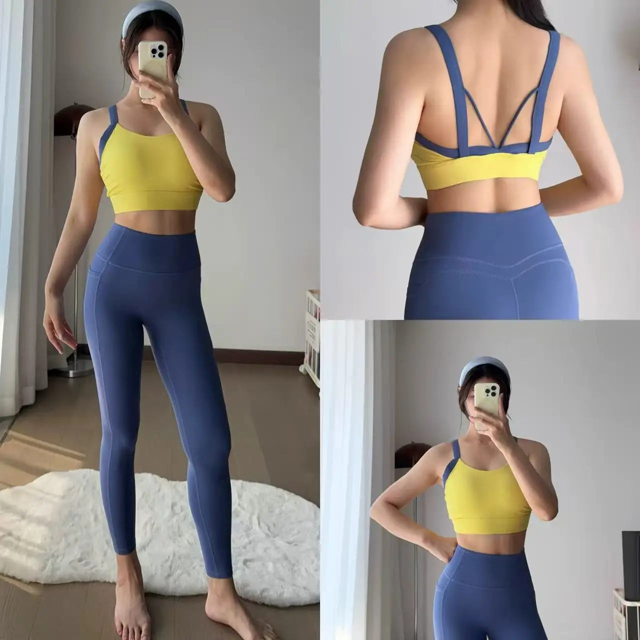 High Intensity Color Blocking Cross Back Integrated Yoga Set 2PCS Sports Underwear High Waist and Hip Lifting Fitness Leggings