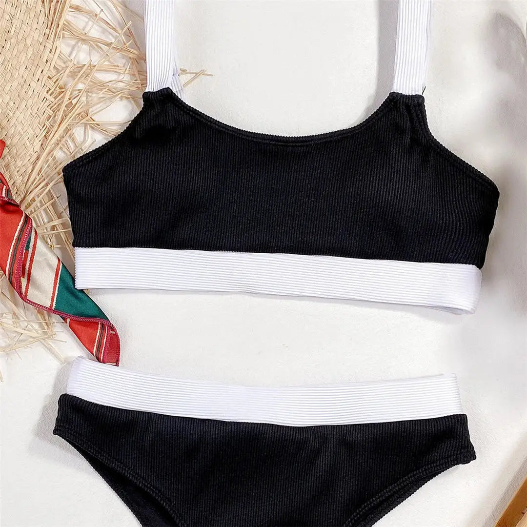 New Sexy Ribbed Splicing High Waist Bikini Set
