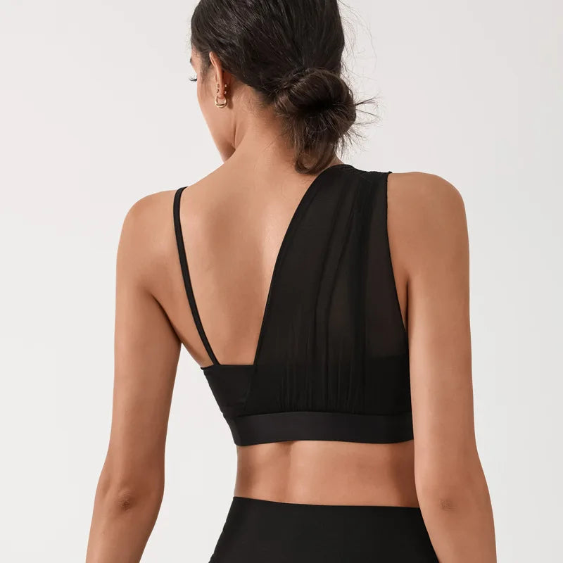 Women's Contrast Mesh One-Shoulder Sports Bra with Chest Pad – High Elastic Quick-Dry Yoga Fitness Vest