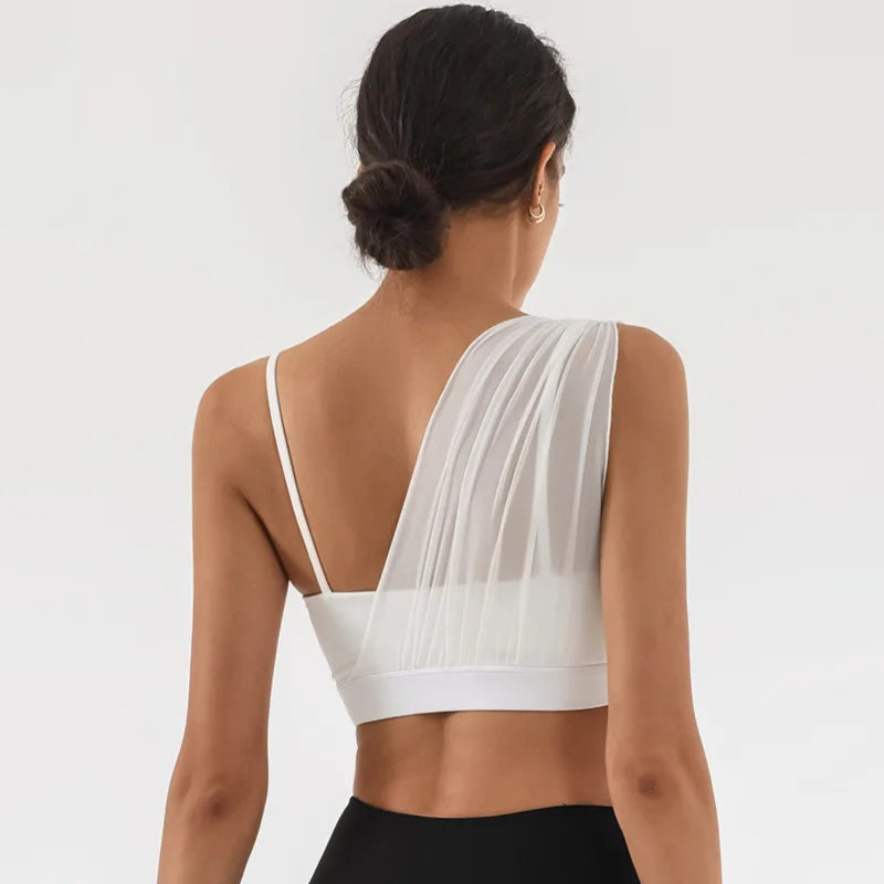 Women's Contrast Mesh One-Shoulder Sports Bra with Chest Pad – High Elastic Quick-Dry Yoga Fitness Vest