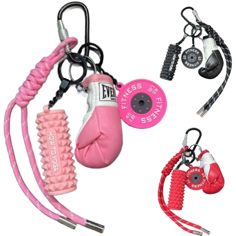 Mini Yoga Foam Roller Keychain Set – Boxing Gloves & Dumbbell Fitness Bag Pendant Gift