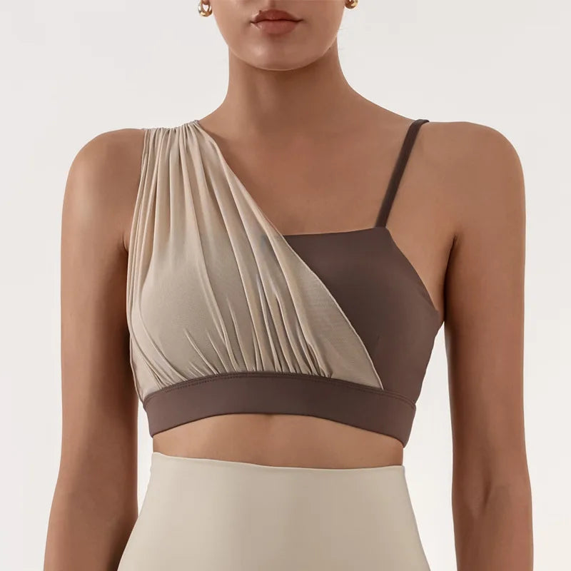 Women's Contrast Mesh One-Shoulder Sports Bra with Chest Pad – High Elastic Quick-Dry Yoga Fitness Vest