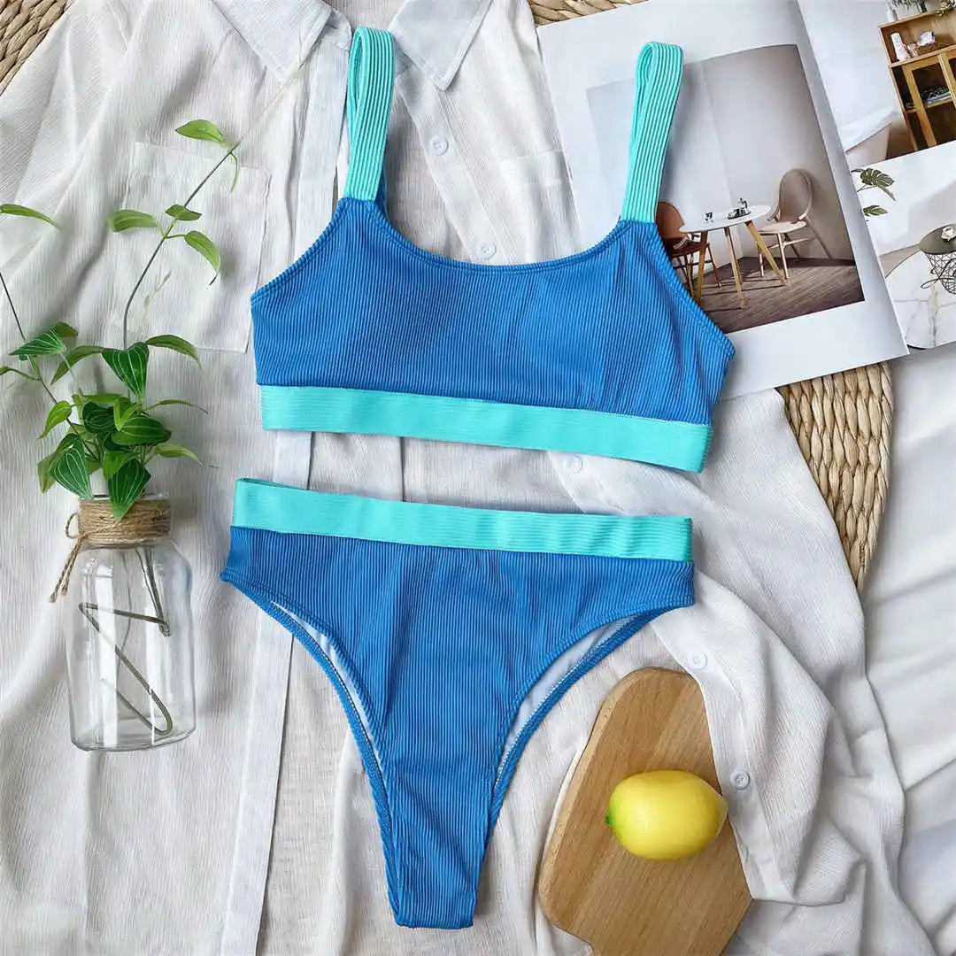 New Sexy Ribbed Splicing High Waist Bikini Set