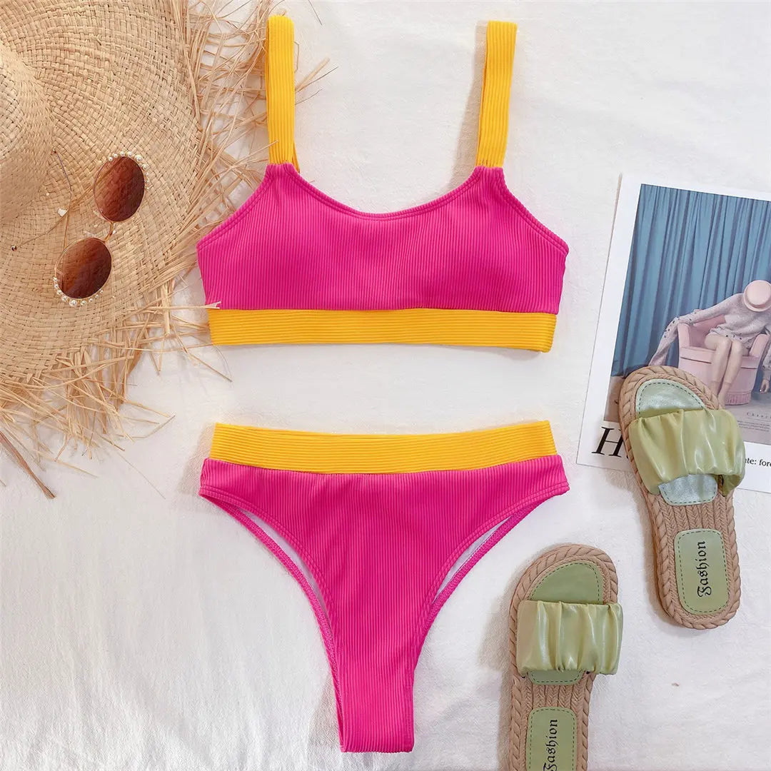 New Sexy Ribbed Splicing High Waist Bikini Set
