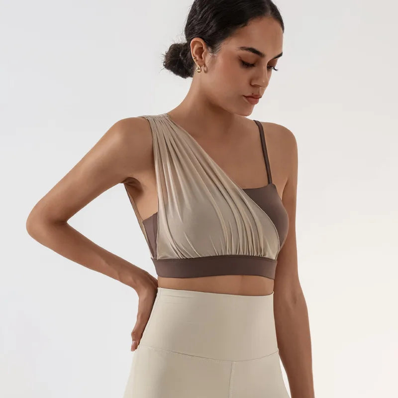 Women's Contrast Mesh One-Shoulder Sports Bra with Chest Pad – High Elastic Quick-Dry Yoga Fitness Vest