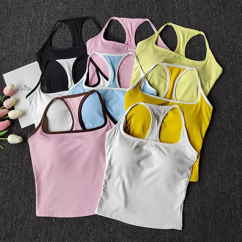 Color-Blocked Thin-Strap Backless Yoga Tank Top