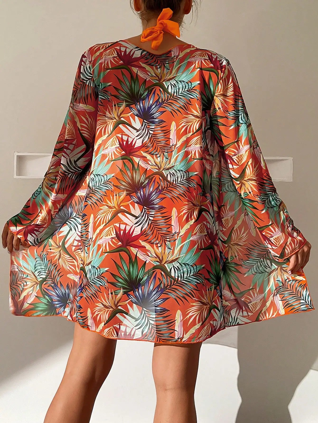 3PCS Halter Print Bikini Set with Kimono