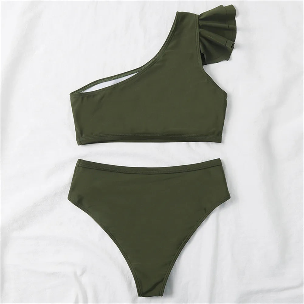 Sexy One Shoulder Ruffled Swimwear High Waist Bikini Set