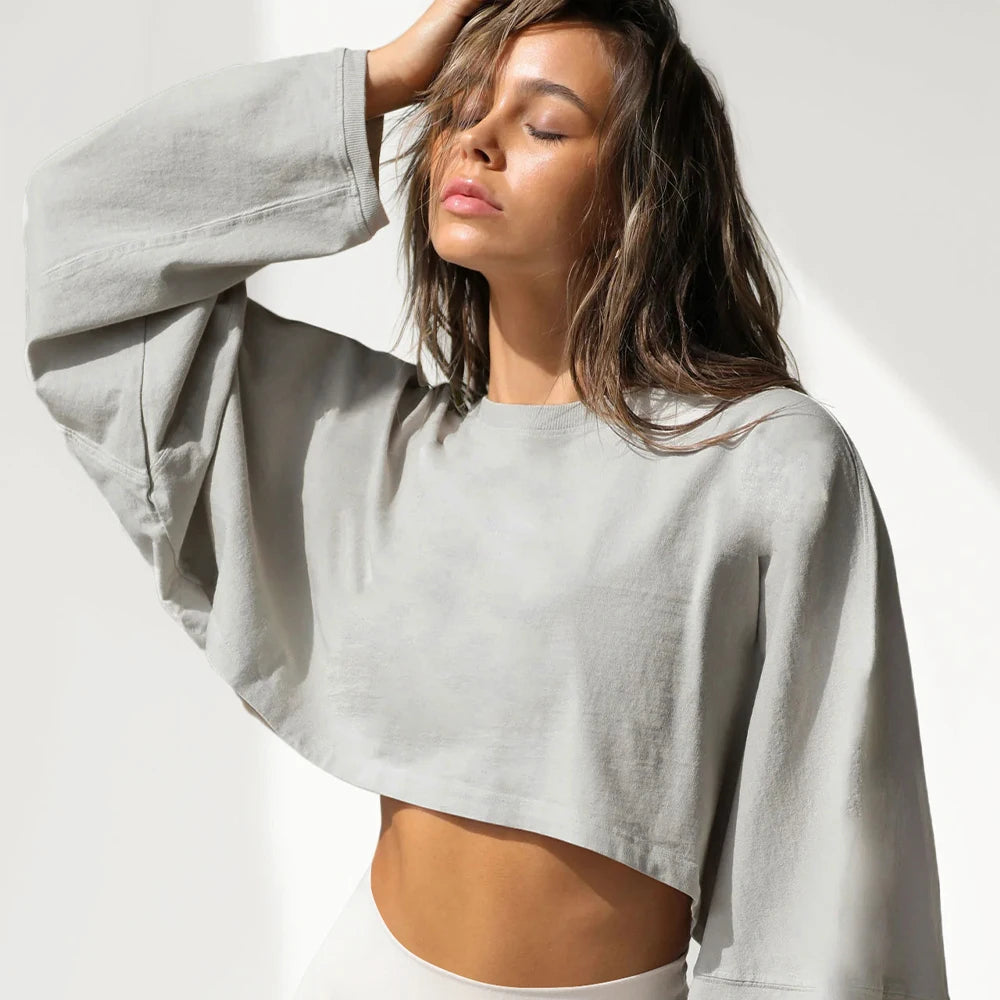 Women's Long Sleeve Sports Crop Top – Loose Gym Yoga T-Shirt Spring Autumn Fitness Wear
