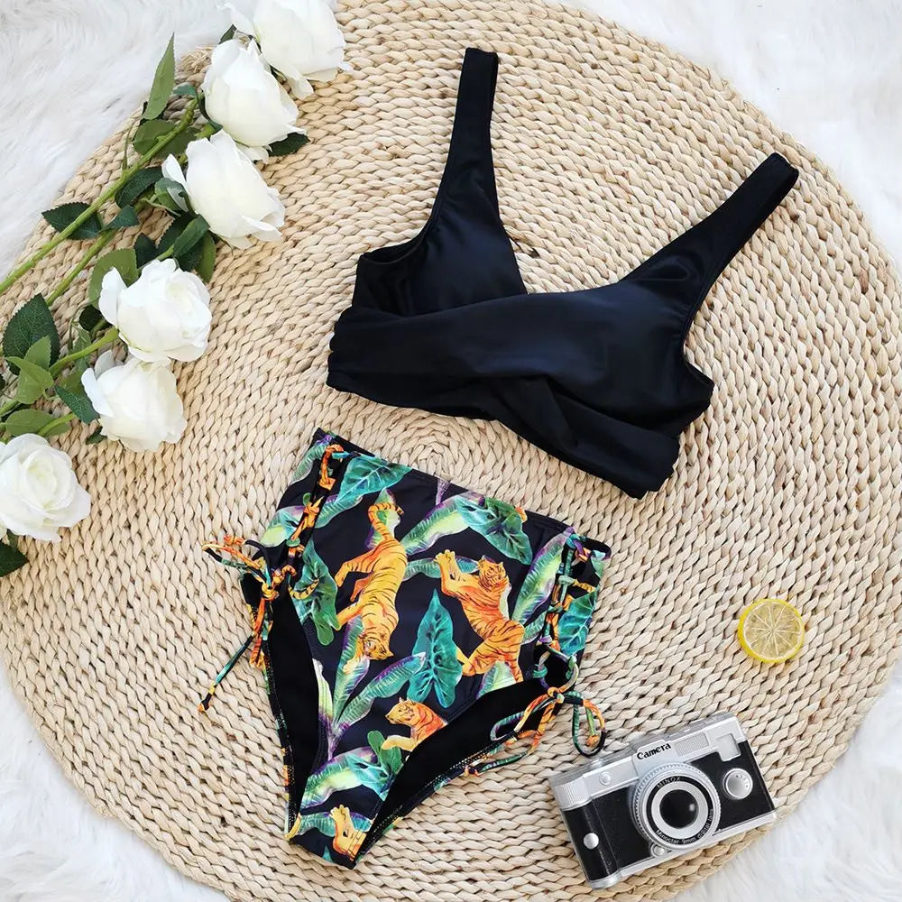 Floral Print V Neck Bikini Set