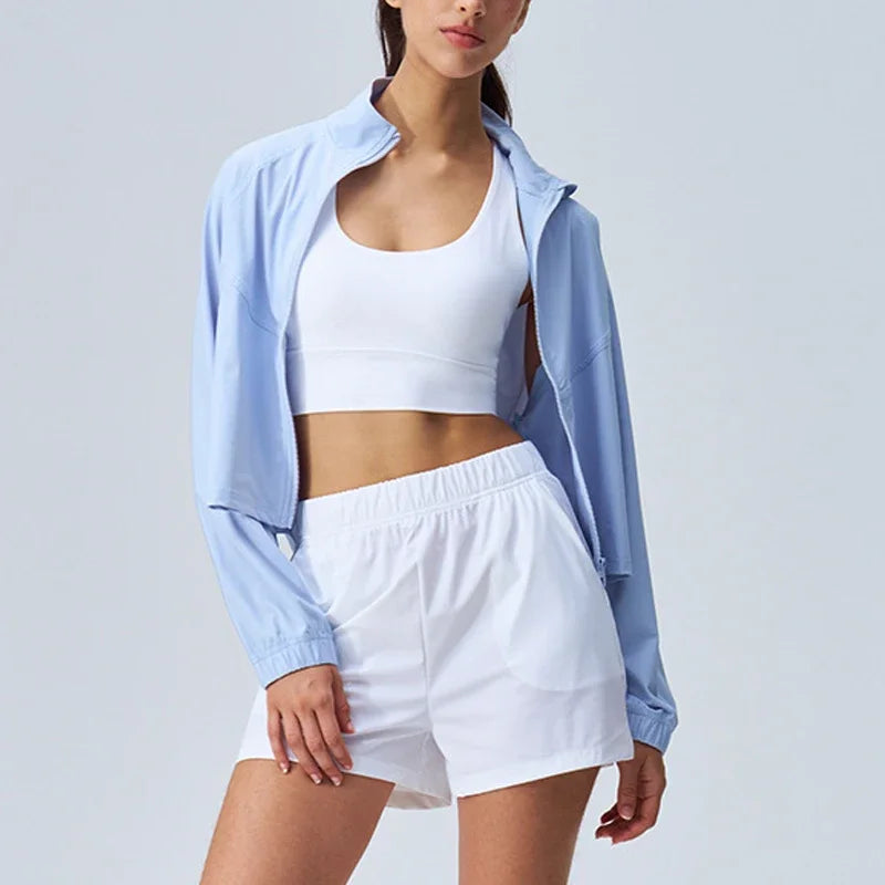 Women's Athletic Workout Running Track Full Zip Cropped Jacket – UPF 50+ Sun Protection Long Sleeve Yoga Gym Top