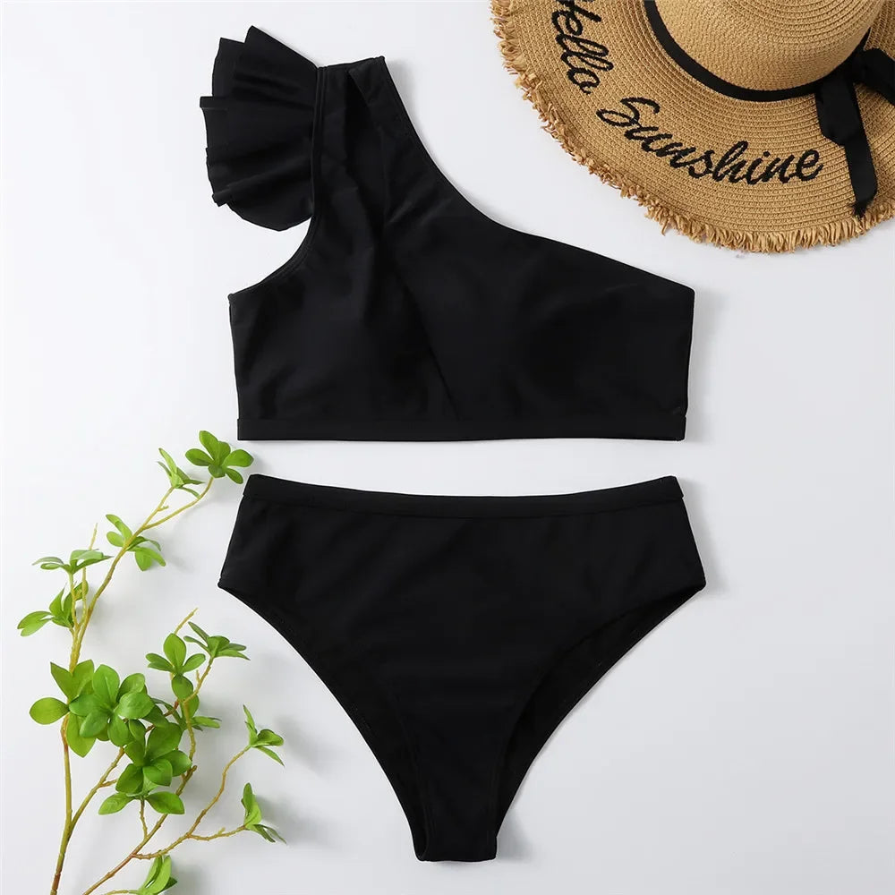 Sexy One Shoulder Ruffled Swimwear High Waist Bikini Set