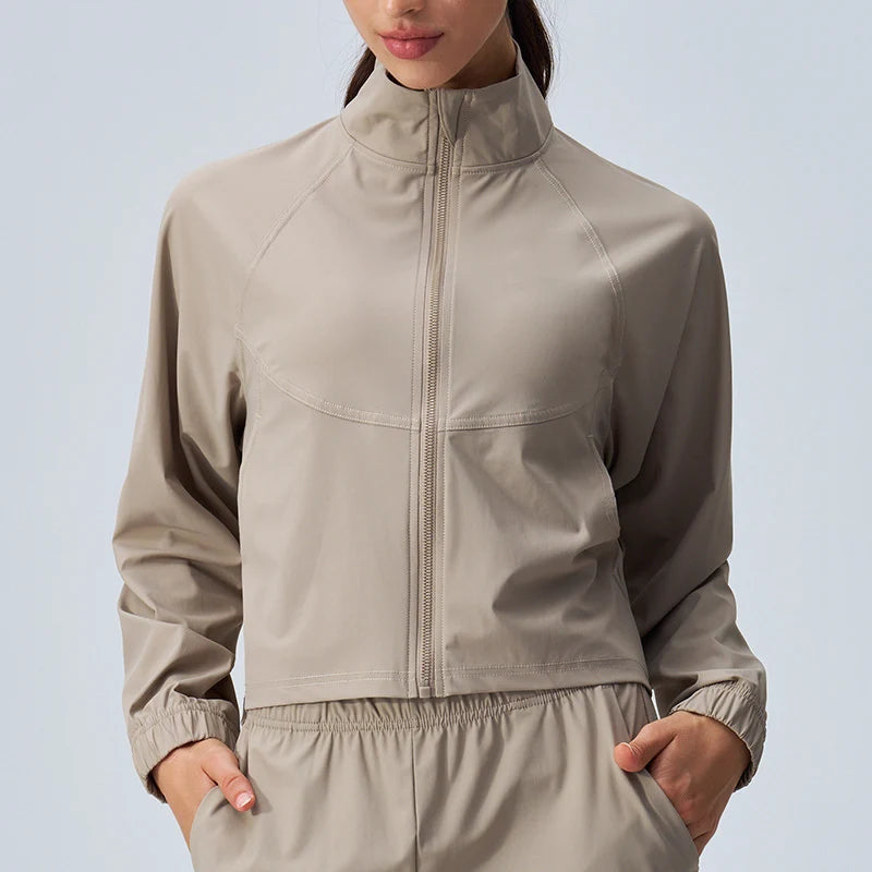 Women's Athletic Workout Running Track Full Zip Cropped Jacket – UPF 50+ Sun Protection Long Sleeve Yoga Gym Top