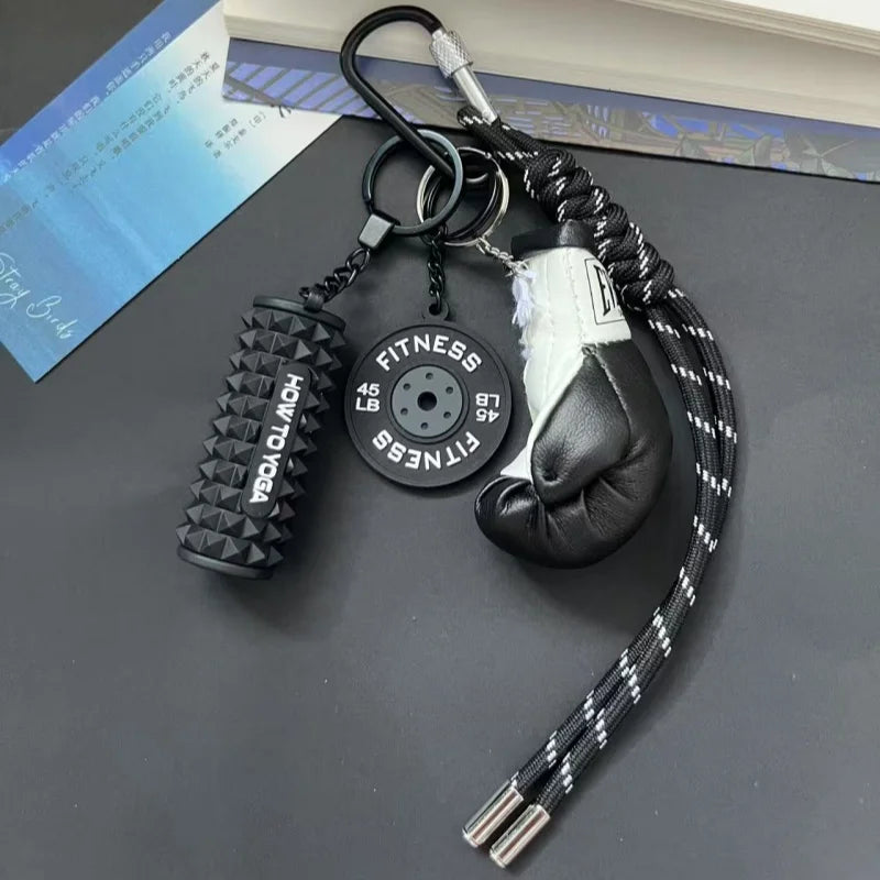 Mini Yoga Foam Roller Keychain Set – Boxing Gloves & Dumbbell Fitness Bag Pendant Gift