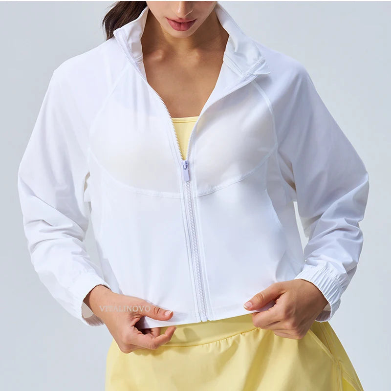 Women's Athletic Workout Running Track Full Zip Cropped Jacket – UPF 50+ Sun Protection Long Sleeve Yoga Gym Top