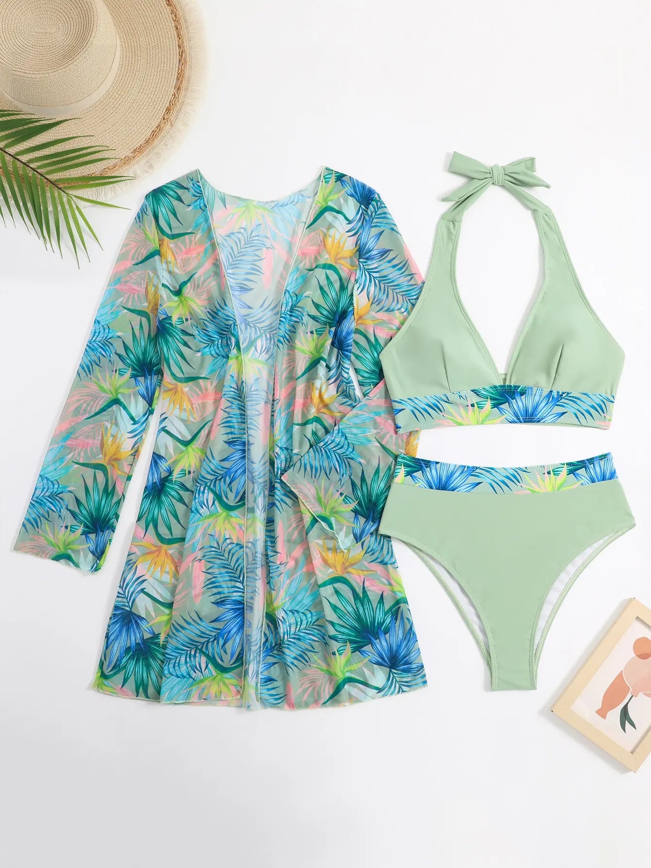 3PCS Halter Print Bikini Set with Kimono