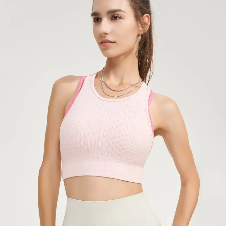 Contrasting Seamless Fake Two-Piece Yoga Bra