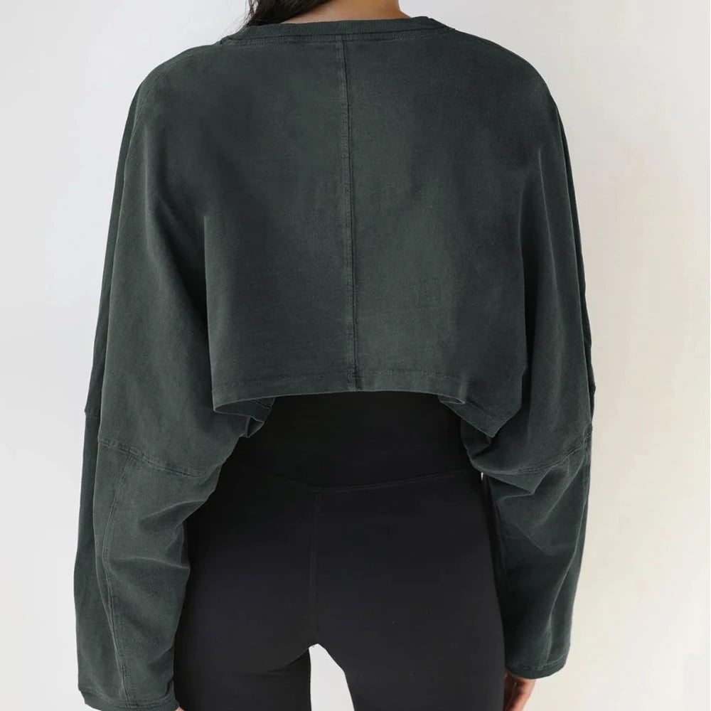 Women's Long Sleeve Sports Crop Top – Loose Gym Yoga T-Shirt Spring Autumn Fitness Wear